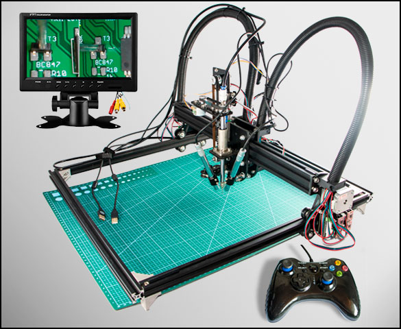 Motorized pick and place machine controllable by GamePad with 2 AV microscopes and a 9 inch AV monitor with 2 input channels